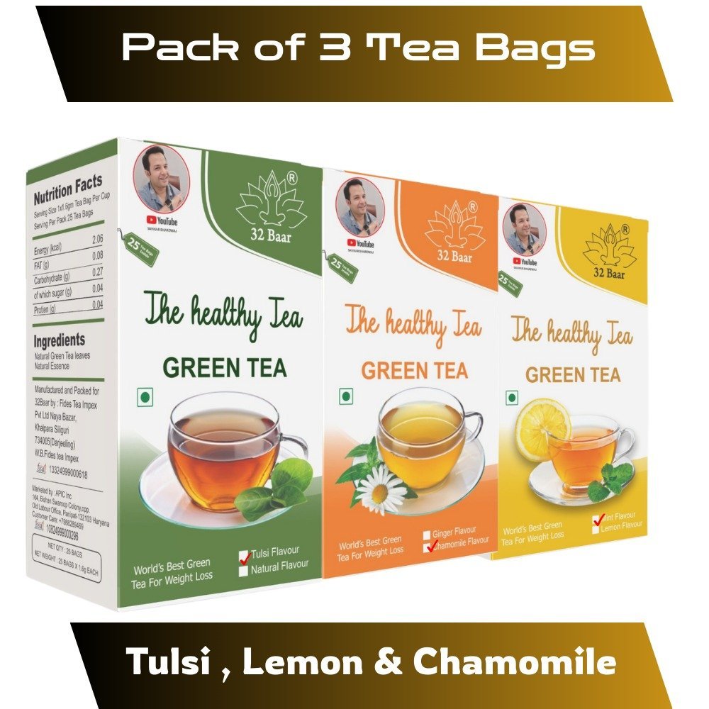 32 BAAR PACK OF 3 GREEN TEA BAGS (CHAMOMILE , LEMON & TULSI)