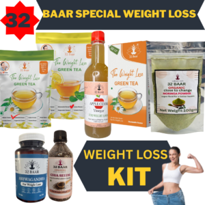 32 BAAR WEIGHT LOSS KIT (CHAMOMILE,LEMON LEAFS, MORINGA POWDER , CHIA SEEDS, ASHWAGANDHA ,ACV & CHAMOMILE TEA BAG)